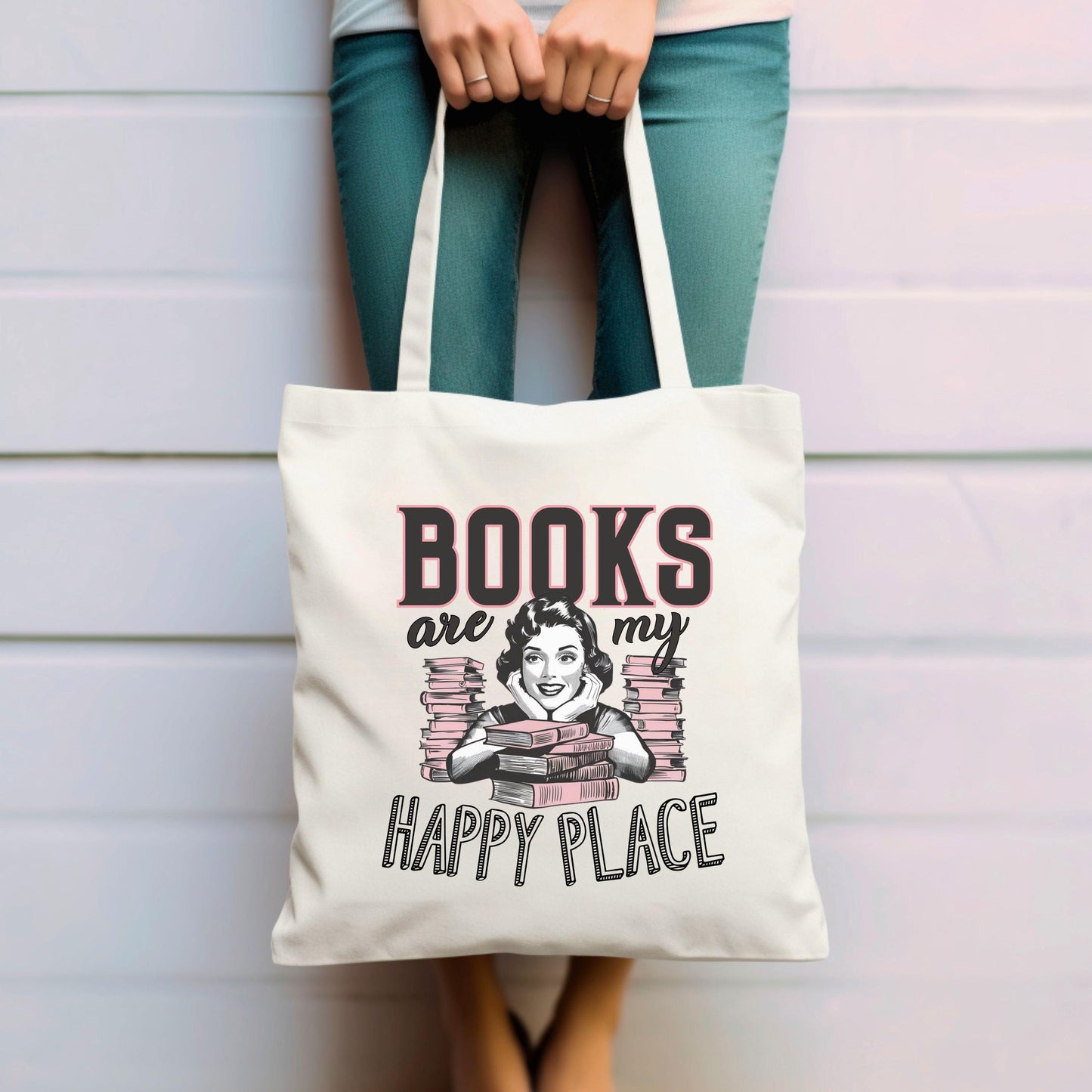 Books Are My Happy Place Tote Bag | Book Lover Canvas Bag | Literary Gift for Readers | Reusable Bookish Tote | Library & Bookstore Bag