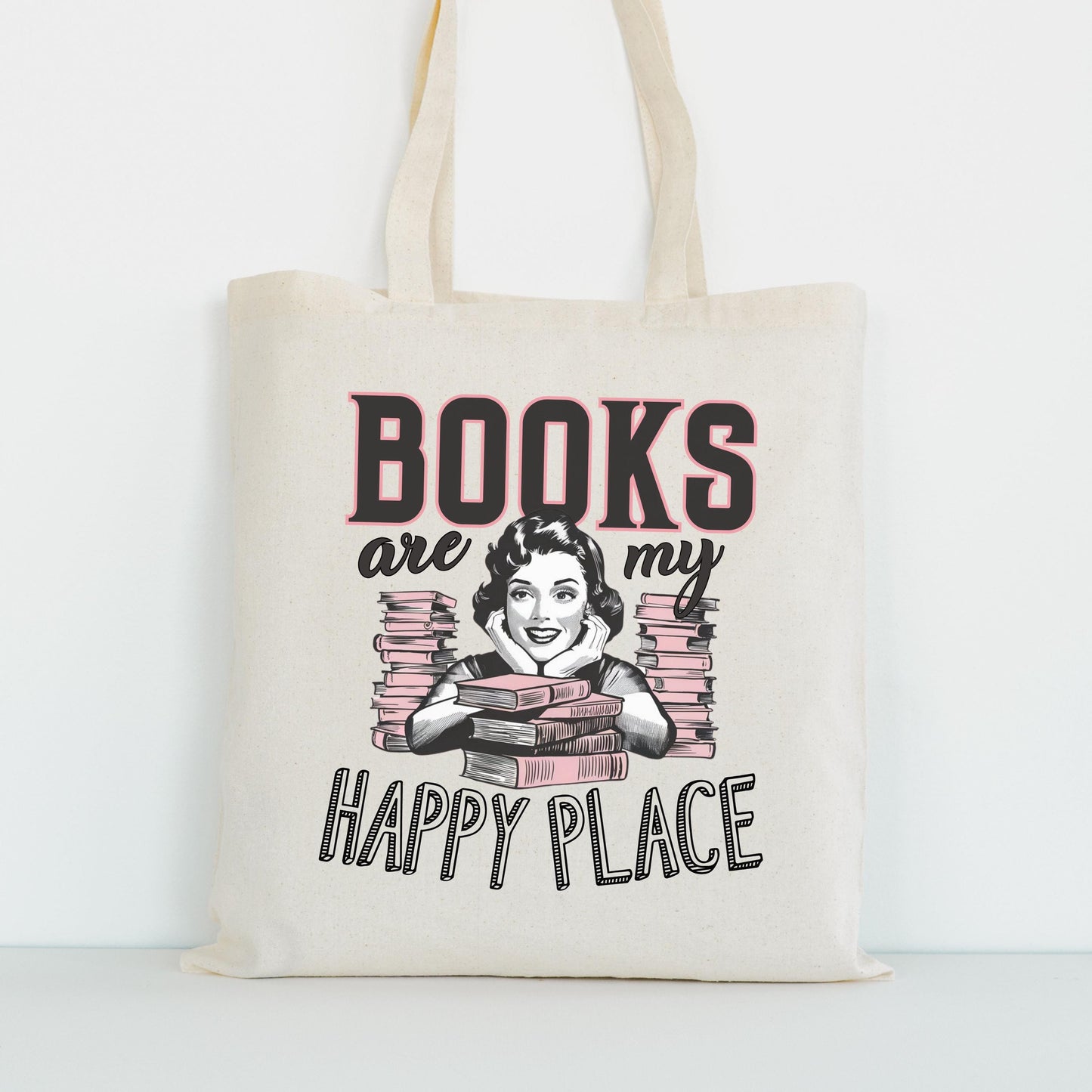 Books Are My Happy Place Tote Bag | Book Lover Canvas Bag | Literary Gift for Readers | Reusable Bookish Tote | Library & Bookstore Bag