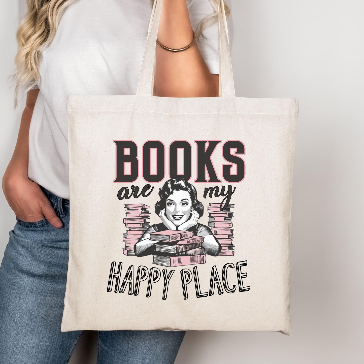 Books Are My Happy Place Tote Bag | Book Lover Canvas Bag | Literary Gift for Readers | Reusable Bookish Tote | Library & Bookstore Bag