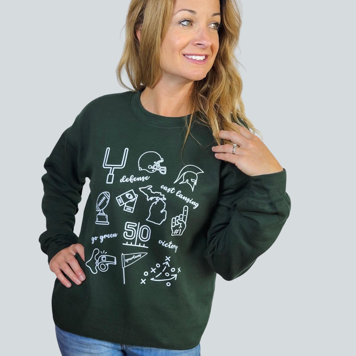 Go Green Doodle Sweatshirt | East Lansing Football Fan Crewneck | Victory & Game Day Design | Cozy College Tailgate Outfit