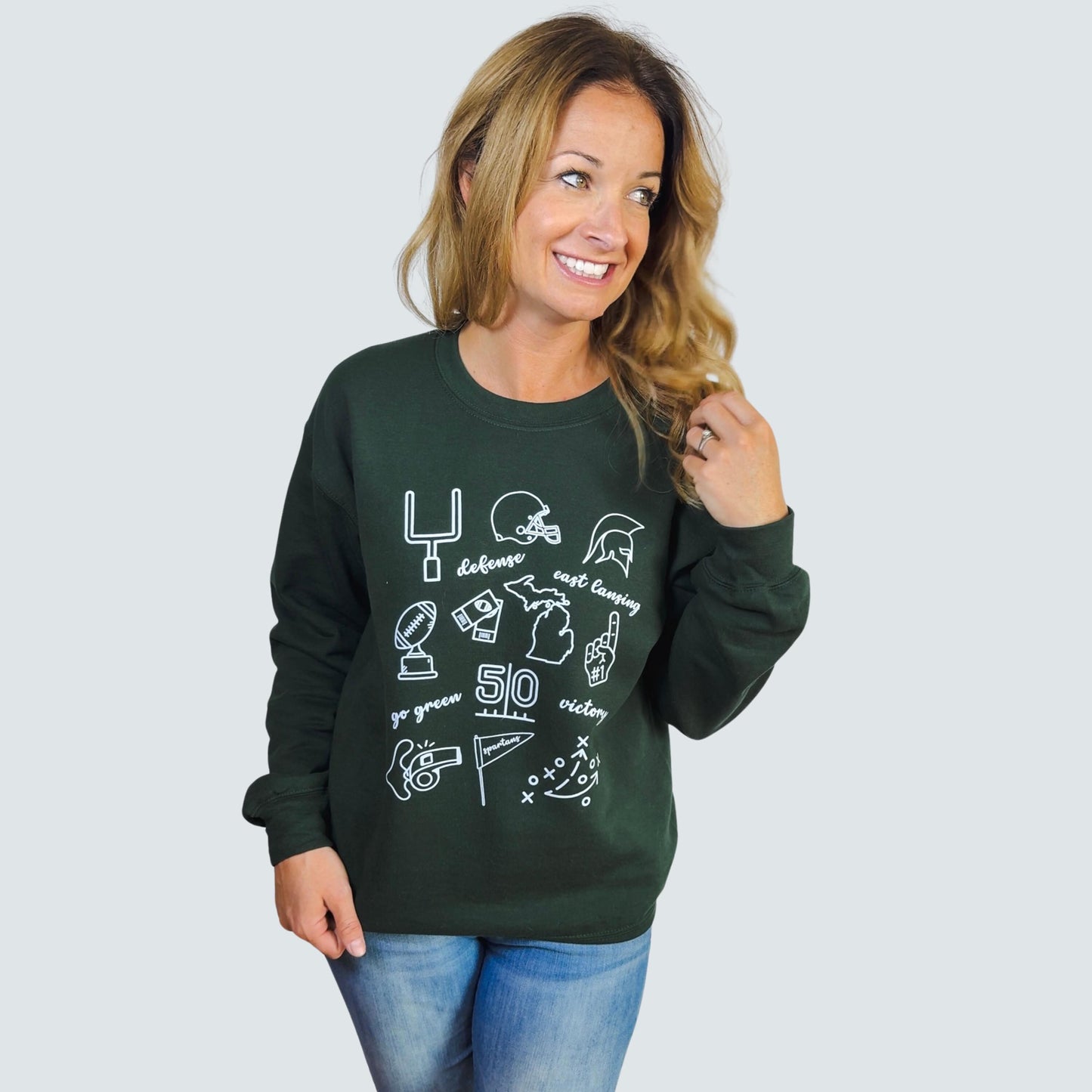 Go Green Doodle Sweatshirt | East Lansing Football Fan Crewneck | Victory & Game Day Design | Cozy College Tailgate Outfit