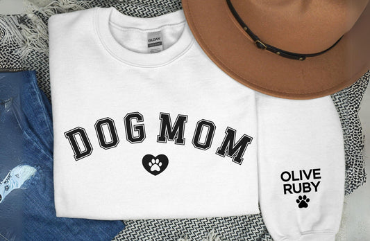 Personalized Dog Mom Sweatshirt with Dog Names on Sleeve, Gift for Dog Mom, Dog Mom Gift, Minimalist Dog Mom Sweater, Custom Sleeve, Dog Mom