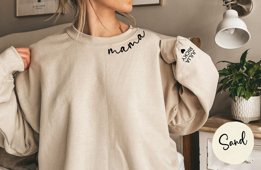 Custom Mama Neckline Sweatshirt With Kid Names On Sleeve | Personalized Mom Sweatshirt | Custom Mom Shirt | Custom Mother's Day Sweatshirt