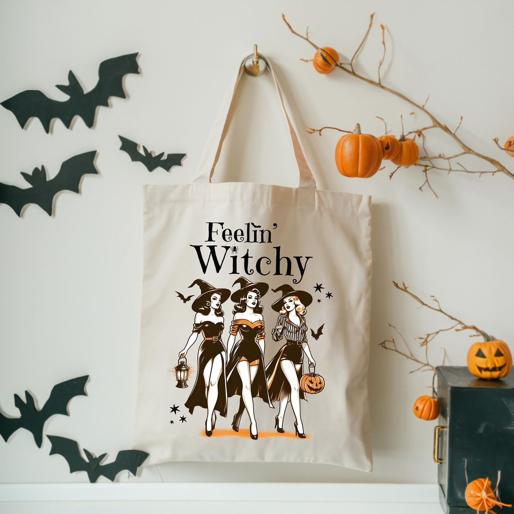 Feelin' Witchy Halloween Canvas Tote Bag | Halloween Tote Bag | Cute Halloween Bag | Trick or Treat Bag | Halloween Bag | Witch Tote Bag