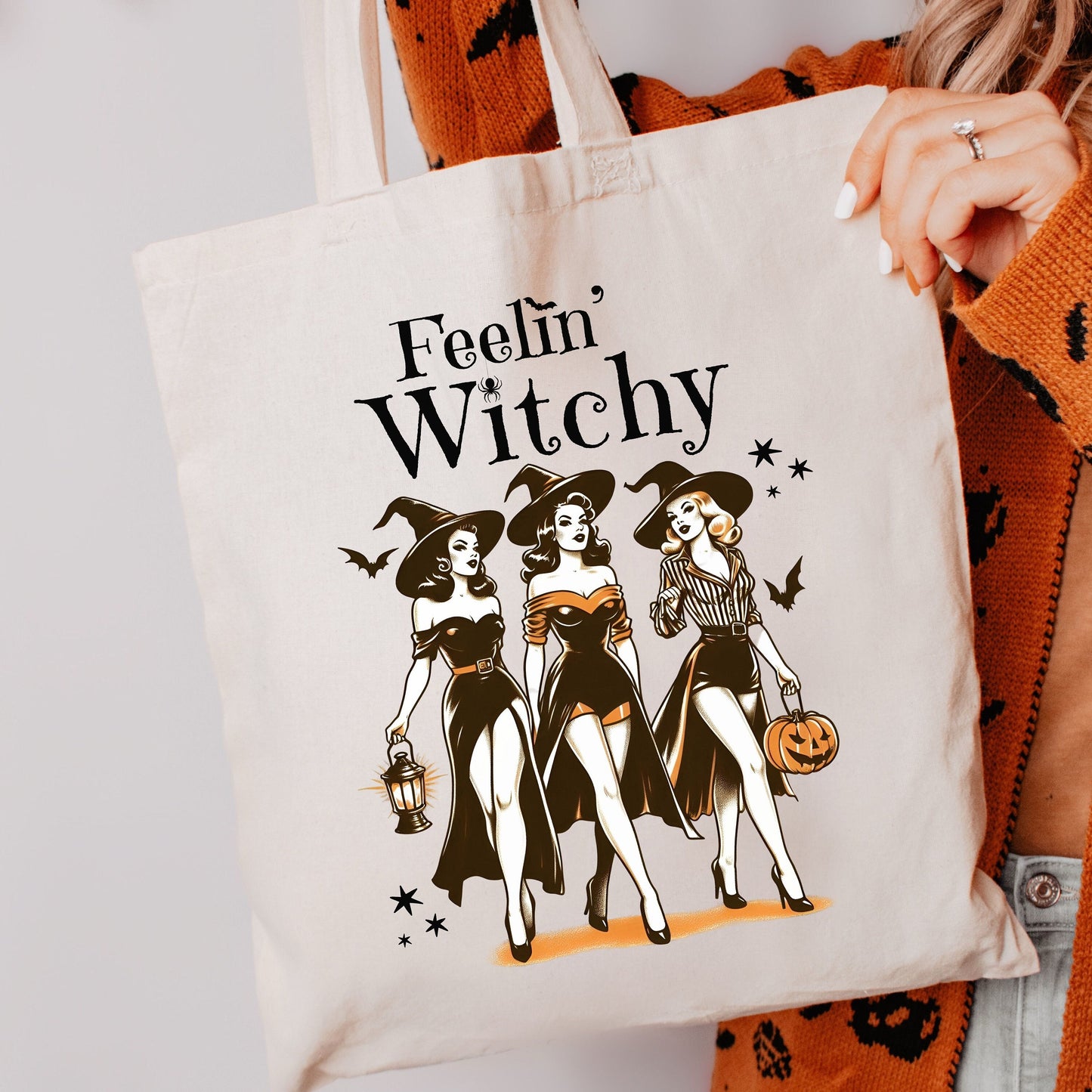 Feelin' Witchy Halloween Canvas Tote Bag | Halloween Tote Bag | Cute Halloween Bag | Trick or Treat Bag | Halloween Bag | Witch Tote Bag