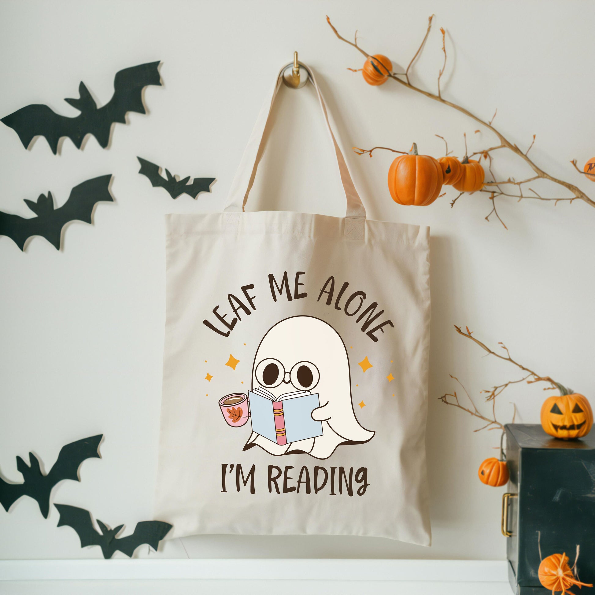 Leaf Me Alone I'm Reading Canvas Tote Bag | Halloween Tote Bag | Cute Halloween Bag | Halloween Book Lover Tote | Spooky Season Tote Bag