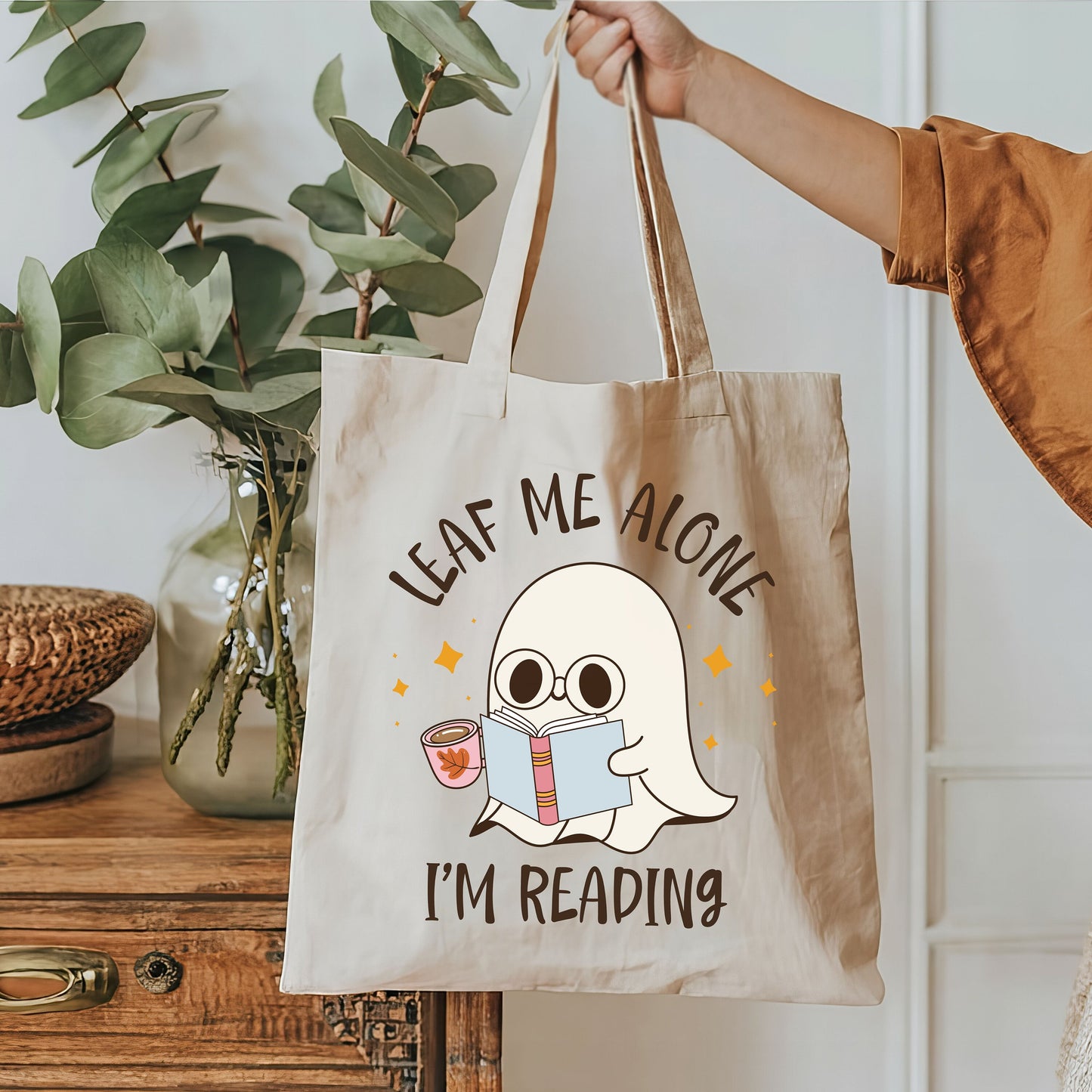 Leaf Me Alone I'm Reading Canvas Tote Bag | Halloween Tote Bag | Cute Halloween Bag | Halloween Book Lover Tote | Spooky Season Tote Bag