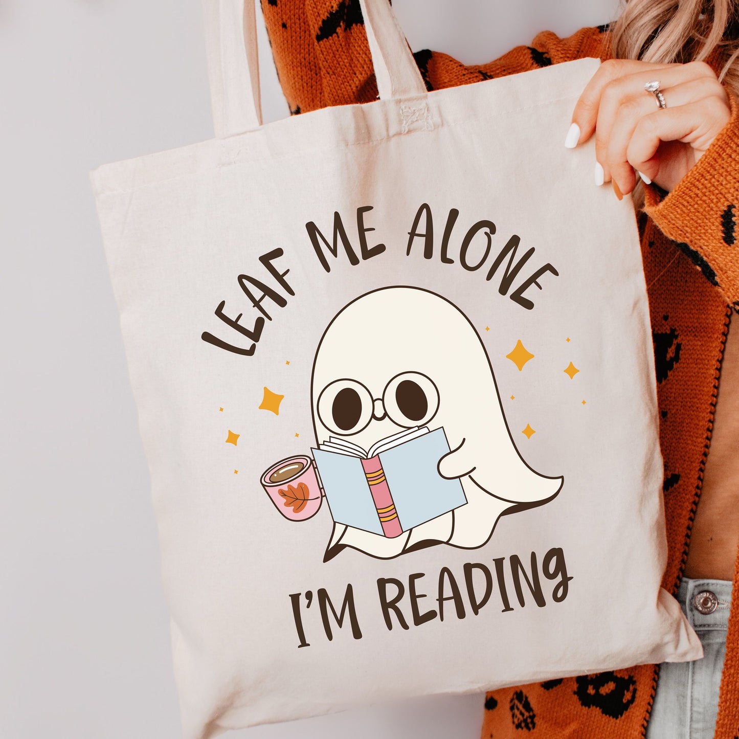 Leaf Me Alone I'm Reading Canvas Tote Bag | Halloween Tote Bag | Cute Halloween Bag | Halloween Book Lover Tote | Spooky Season Tote Bag