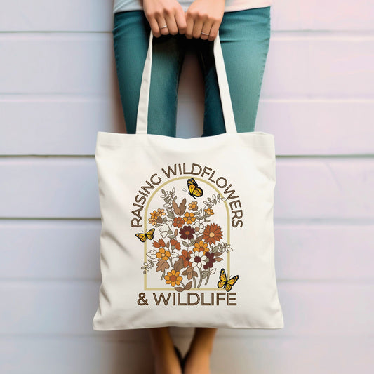 Raising Wildflowers & Wildlife Canvas Tote Bag | Mom Tote Bag | Cute Mom Bag | Mom of Both Tote Bag | Gift Mom Tote Bag | New Mom Tote Gift