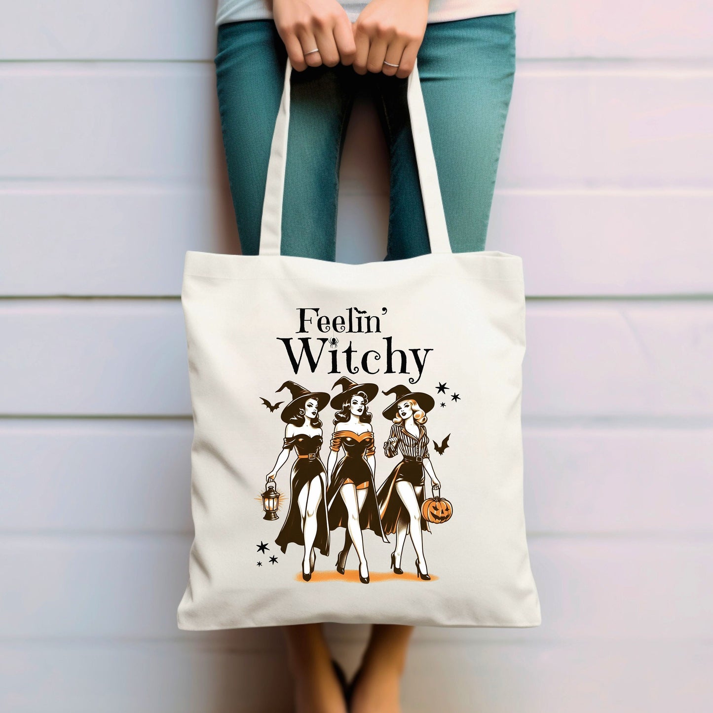 Feelin' Witchy Halloween Canvas Tote Bag | Halloween Tote Bag | Cute Halloween Bag | Trick or Treat Bag | Halloween Bag | Witch Tote Bag