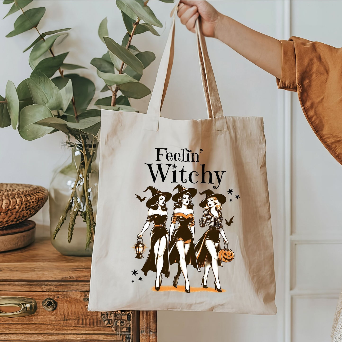 Feelin' Witchy Halloween Canvas Tote Bag | Halloween Tote Bag | Cute Halloween Bag | Trick or Treat Bag | Halloween Bag | Witch Tote Bag