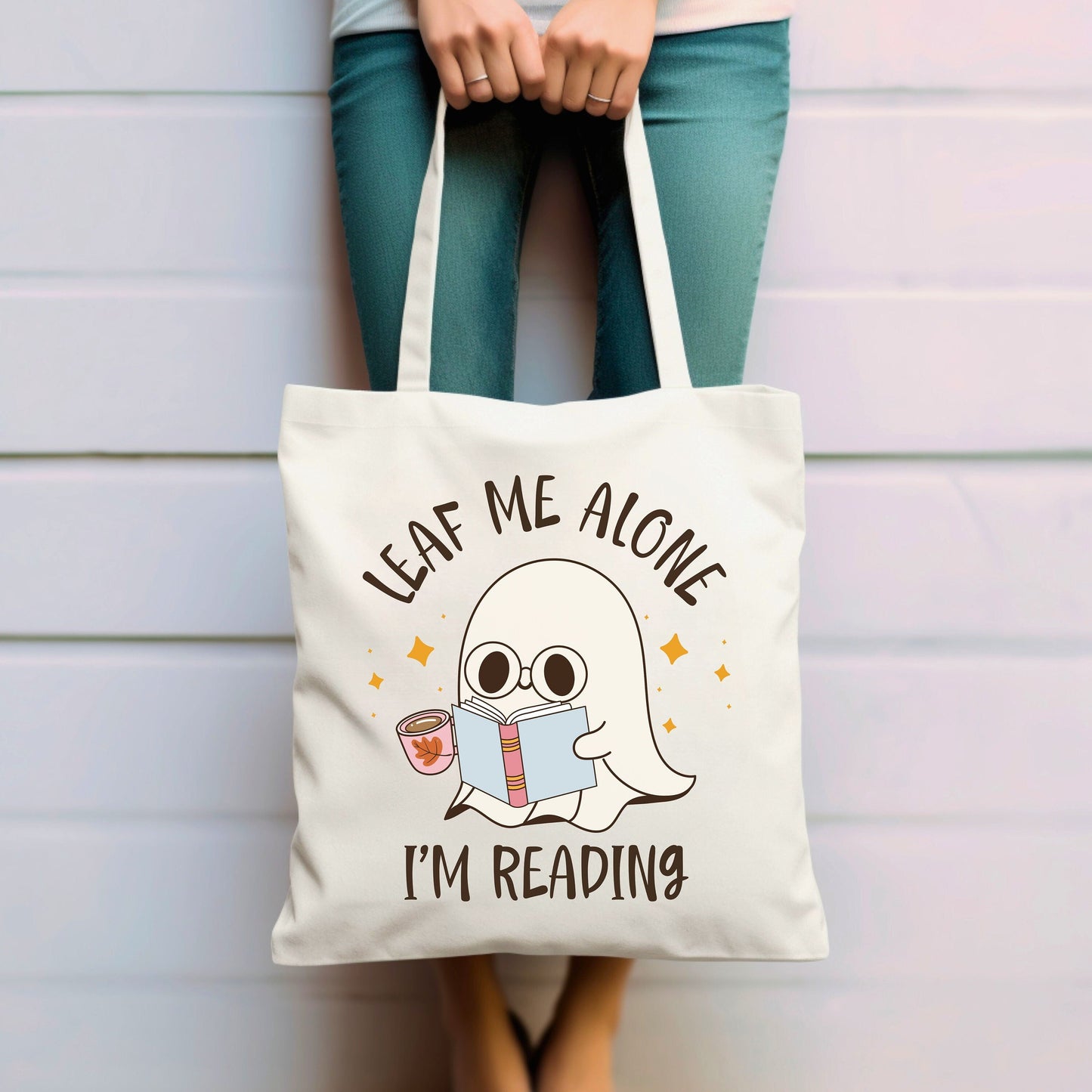 Leaf Me Alone I'm Reading Canvas Tote Bag | Halloween Tote Bag | Cute Halloween Bag | Halloween Book Lover Tote | Spooky Season Tote Bag