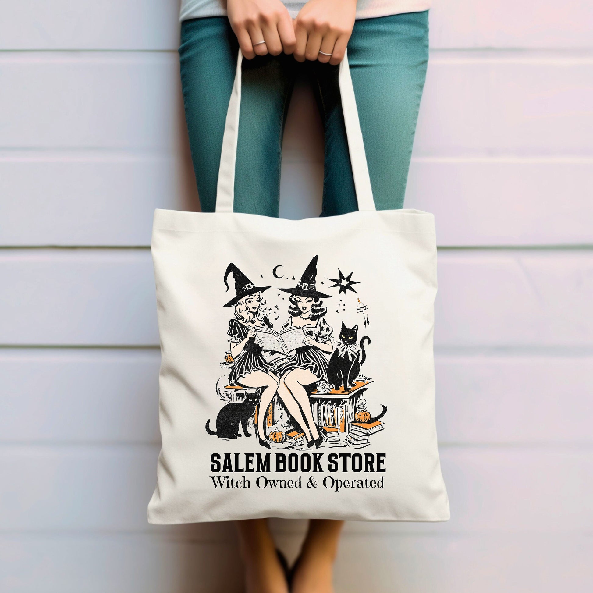 Salem Book Store Canvas Tote Bag | Halloween Tote Bag | Cute Halloween Bag | Halloween Book Lover Tote | Spooky Season Tote Bag | Witch Bag