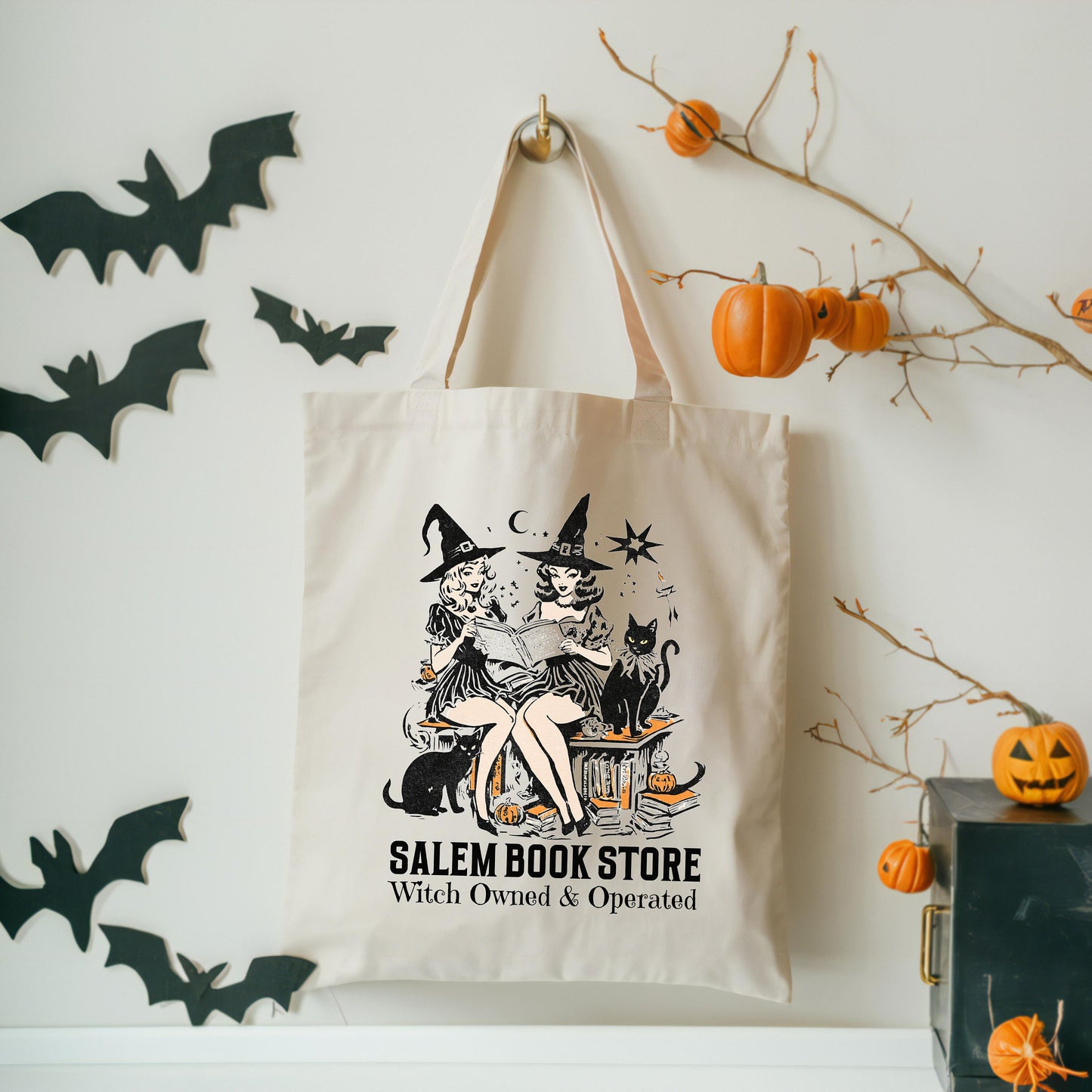 Salem Book Store Canvas Tote Bag | Halloween Tote Bag | Cute Halloween Bag | Halloween Book Lover Tote | Spooky Season Tote Bag | Witch Bag