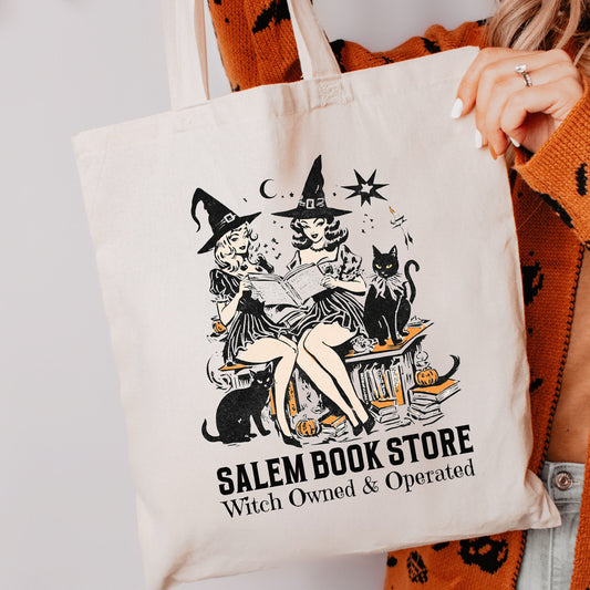 Salem Book Store Canvas Tote Bag | Halloween Tote Bag | Cute Halloween Bag | Halloween Book Lover Tote | Spooky Season Tote Bag | Witch Bag