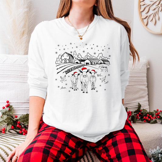 Farm Christmas Scene Shirt | Festive Holiday Tee | Cows in Santa Hats | Cozy Country Christmas Top | Cute Xmas Gift | Rustic Holiday Style