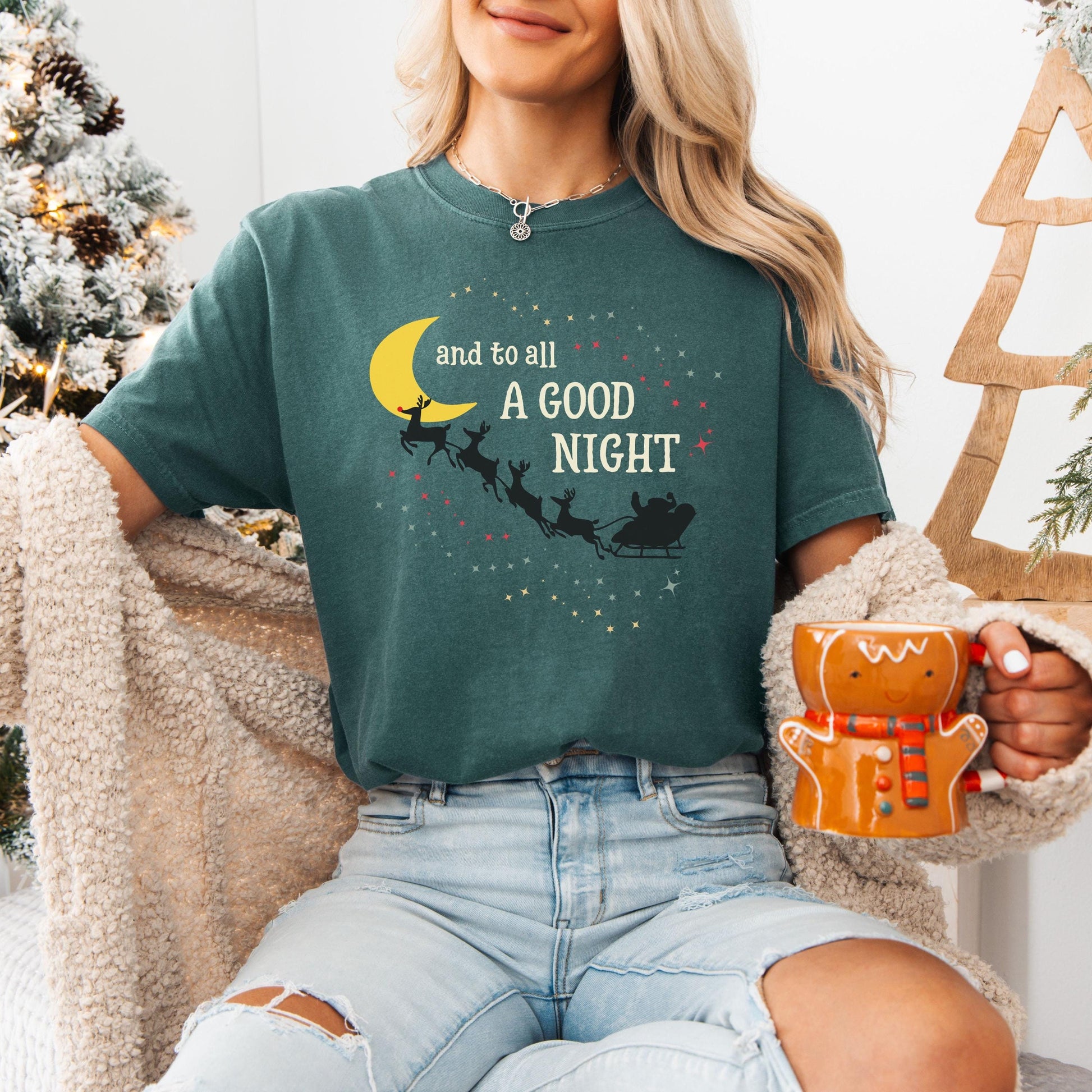 And to All a Good Night - Christmas Shirt | Santa & Reindeer Holiday Tee | Festive Xmas Top | Cozy Christmas Gift | Starry Night Shirt