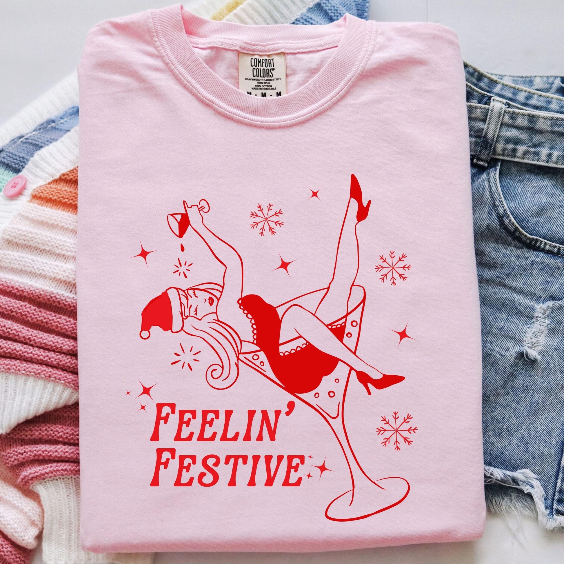 Feelin' Festive Shirt | Fun Holiday Tee with Santa Hat & Martini Glass | Cute Christmas Party Top | Cozy Xmas Gift | Holiday Cocktail Vibe