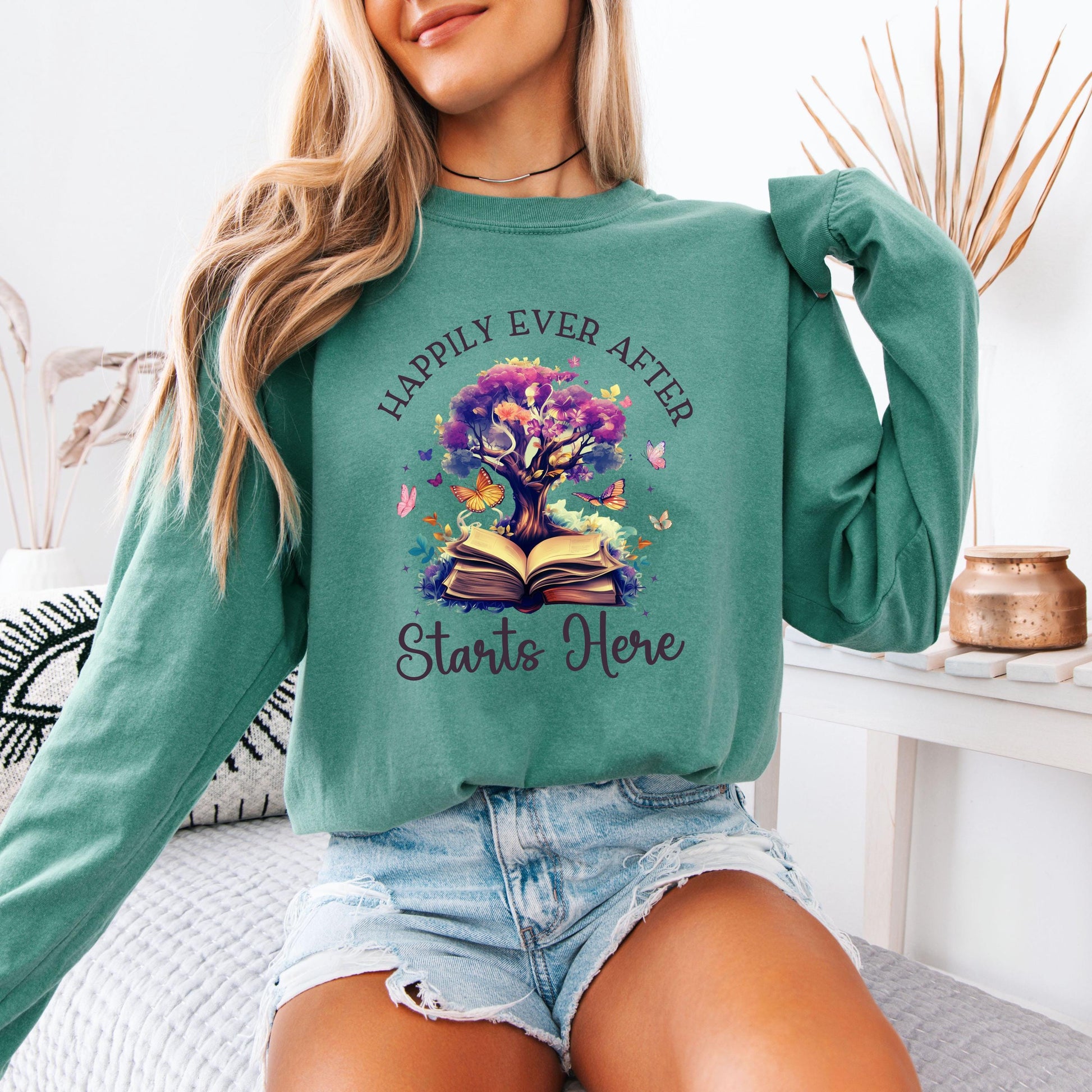 Happily Ever After Starts Here Long Sleeve Tee | Book Lover Shirt | Soft & Cozy Fairytale Reading T-Shirt | Literary Gift for Readers