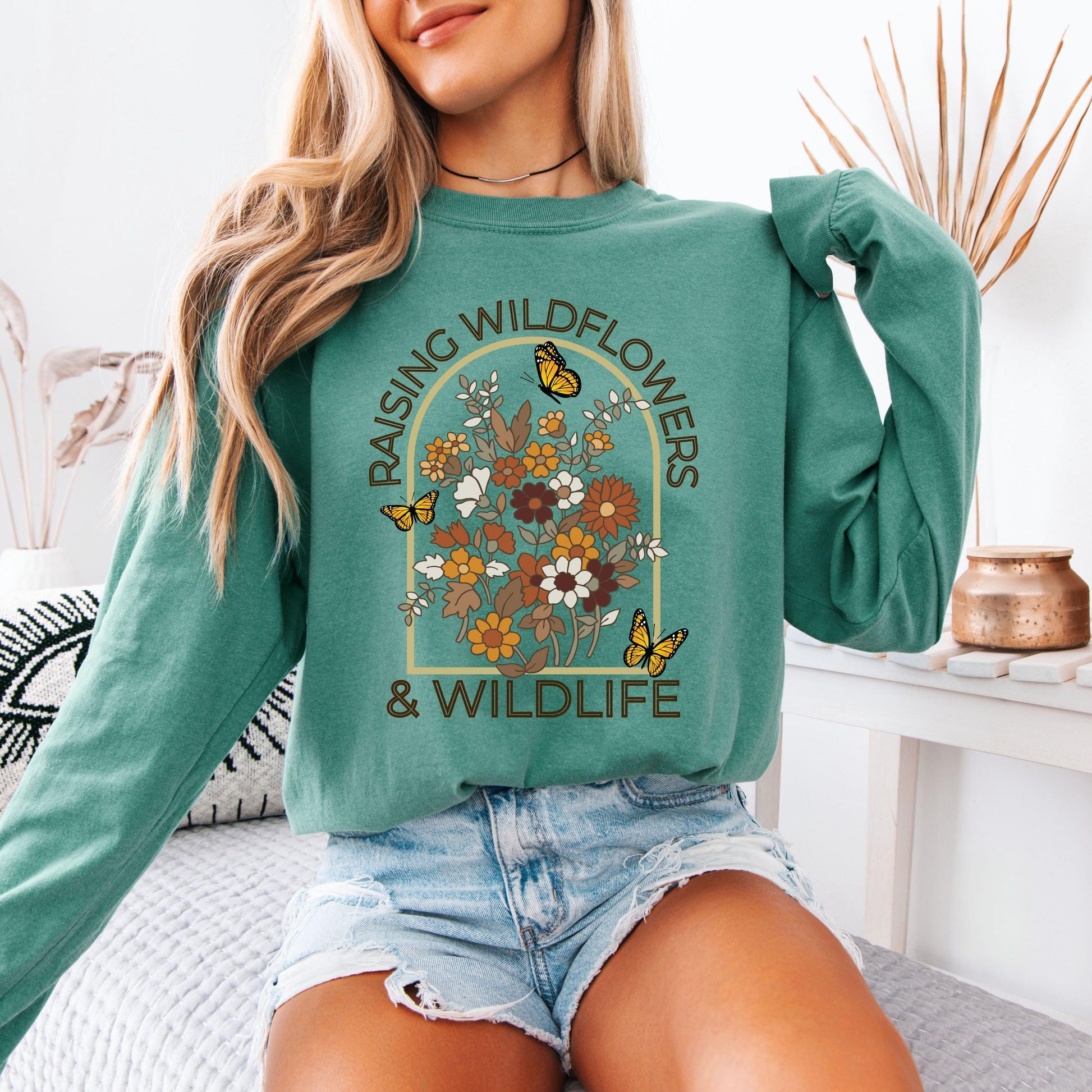 Raising Wildflowers & Wildlife Long Sleeve Shirt | Mom Life Graphic Tee | Nature Inspired Mom Tee | Family Life Tee | Country Mom Shirt