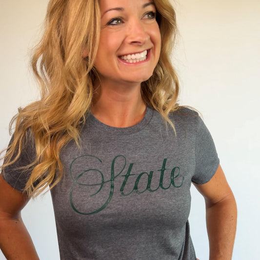 STATE Women’s T-Shirt | Grunge Text Graphic Tee | Michigan College Football Shirt | East Lansing Game Day Outfit | Go Green Fan Gear
