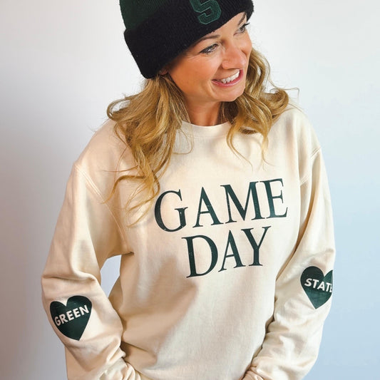 Game Day Lightweight Sweatshirt | Women’s Long Sleeve Pullover | Go Green State Heart Design | East Lansing Football Fan Gear Outfit