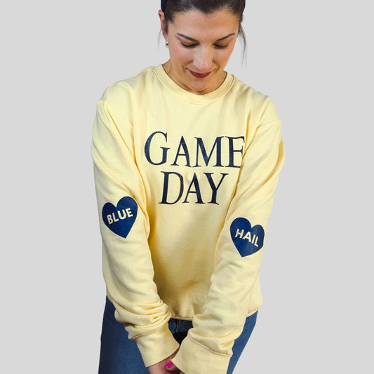 Game Day Lightweight Sweatshirt | Women’s Football Pullover with Heart Sleeve Design | HAIL and BLUE Michigan College Fan Gear