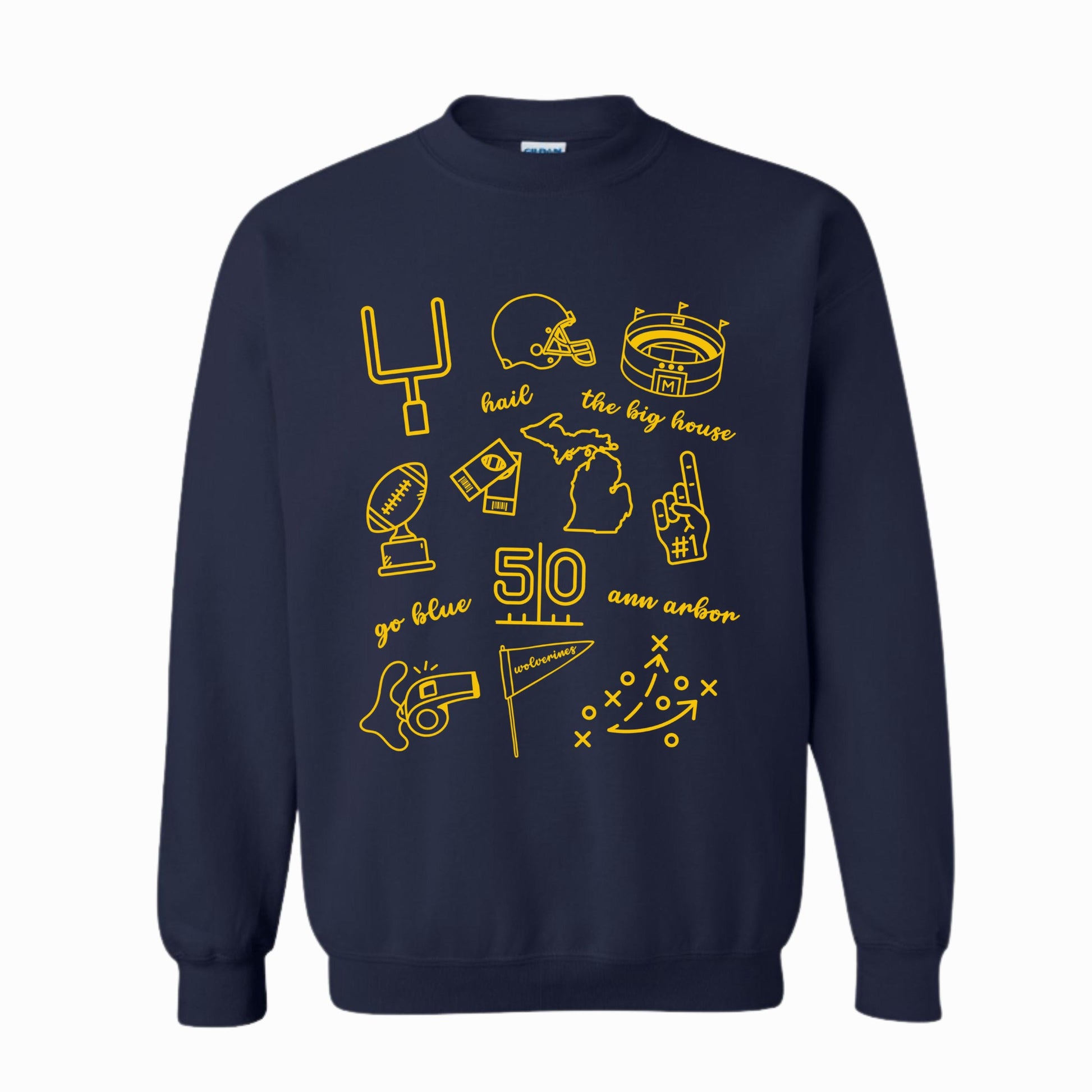 Michigan Doodle Sweatshirt | Go Blue, Hail, Ann Arbor, Big House Design | College Football Crewneck | Maize and Blue Game Day Fan Outfit