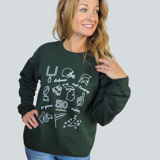 Go Green Doodle Sweatshirt | East Lansing Football Fan Crewneck | Victory & Game Day Design | Cozy College Tailgate Outfit