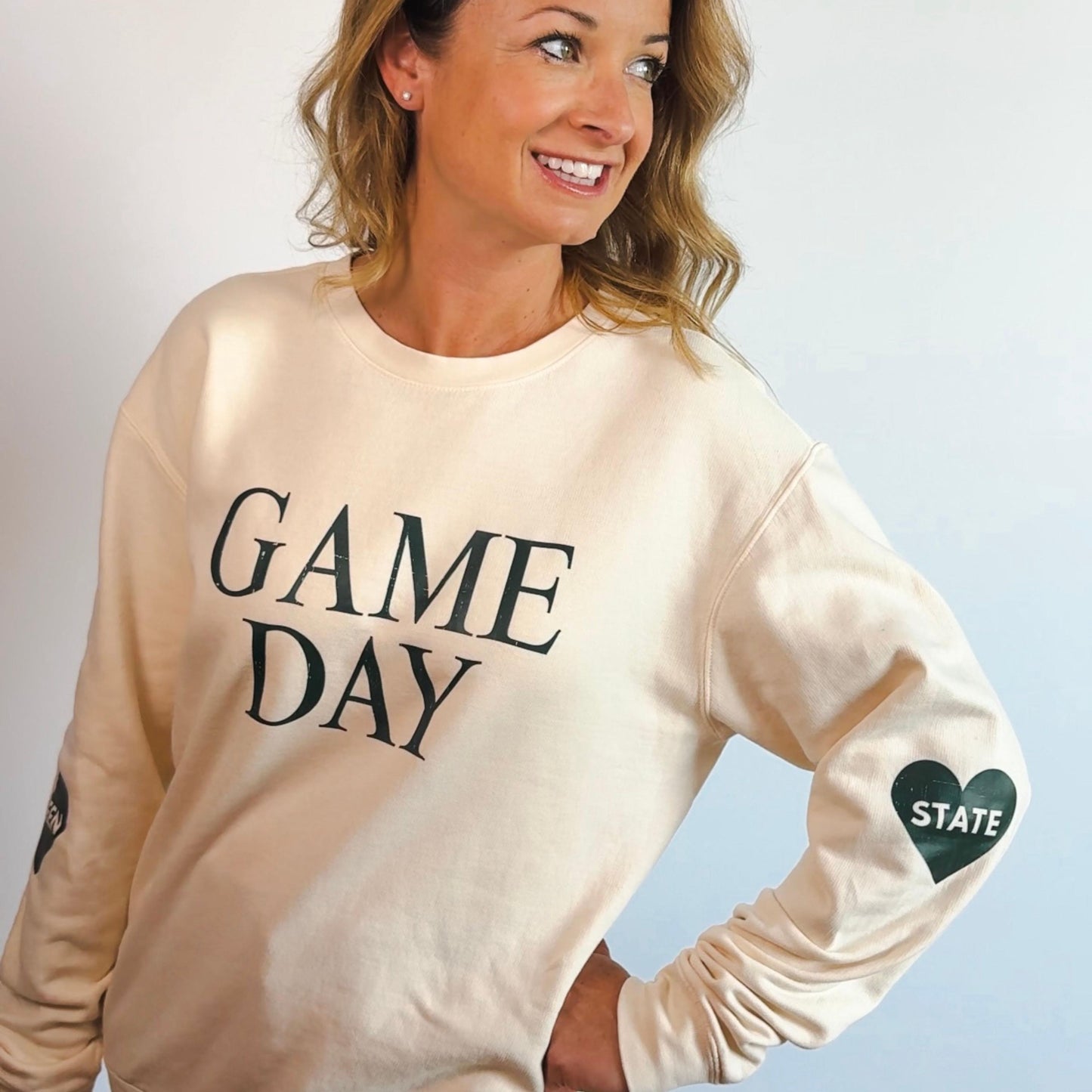 Game Day Lightweight Sweatshirt | Women’s Long Sleeve Pullover | Go Green State Heart Design | East Lansing Football Fan Gear Outfit