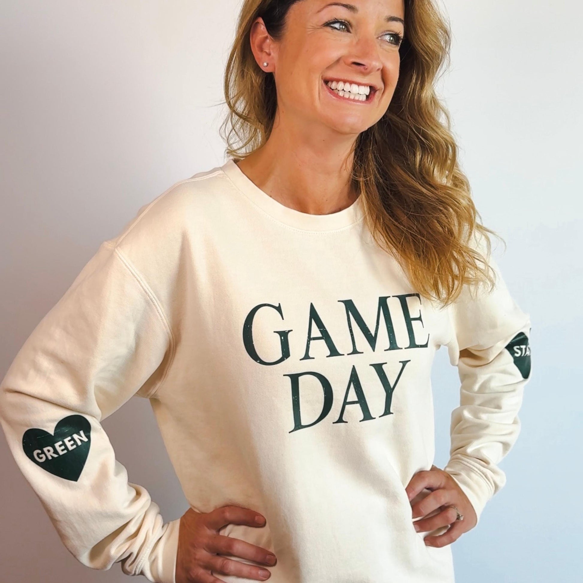 Game Day Lightweight Sweatshirt | Women’s Long Sleeve Pullover | Go Green State Heart Design | East Lansing Football Fan Gear Outfit