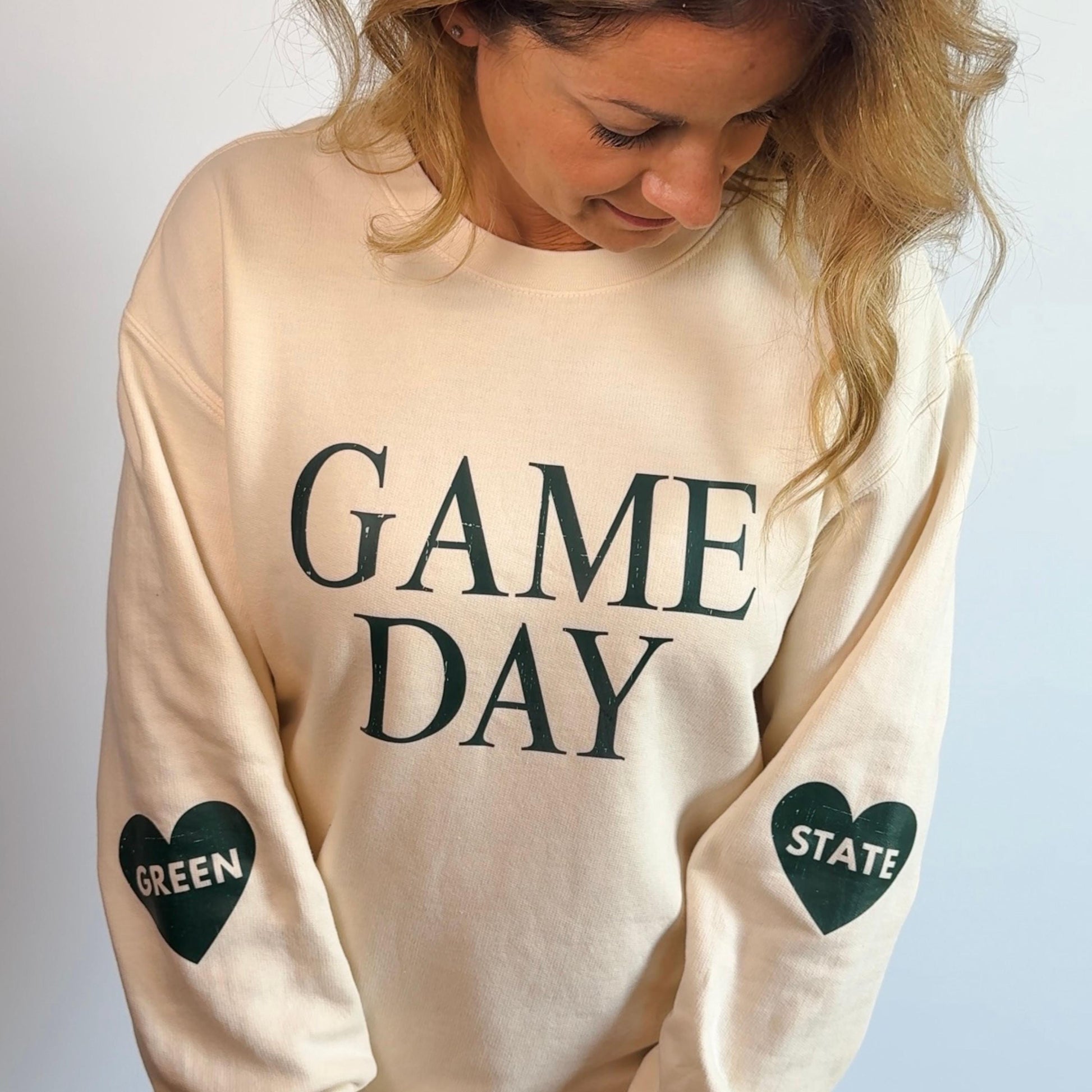 Game Day Lightweight Sweatshirt | Women’s Long Sleeve Pullover | Go Green State Heart Design | East Lansing Football Fan Gear Outfit