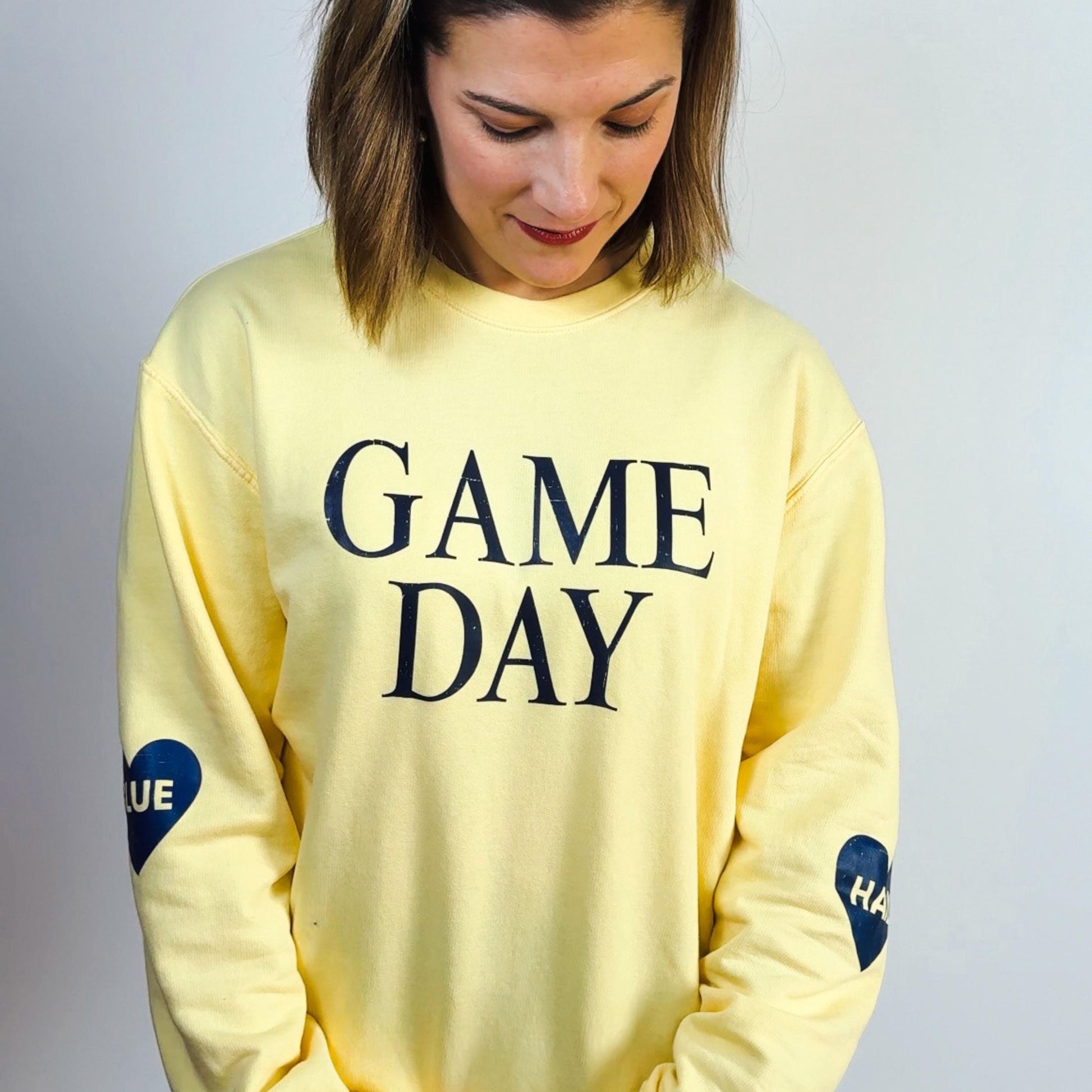 Game Day Lightweight Sweatshirt | Women’s Football Pullover with Heart Sleeve Design | HAIL and BLUE Michigan College Fan Gear