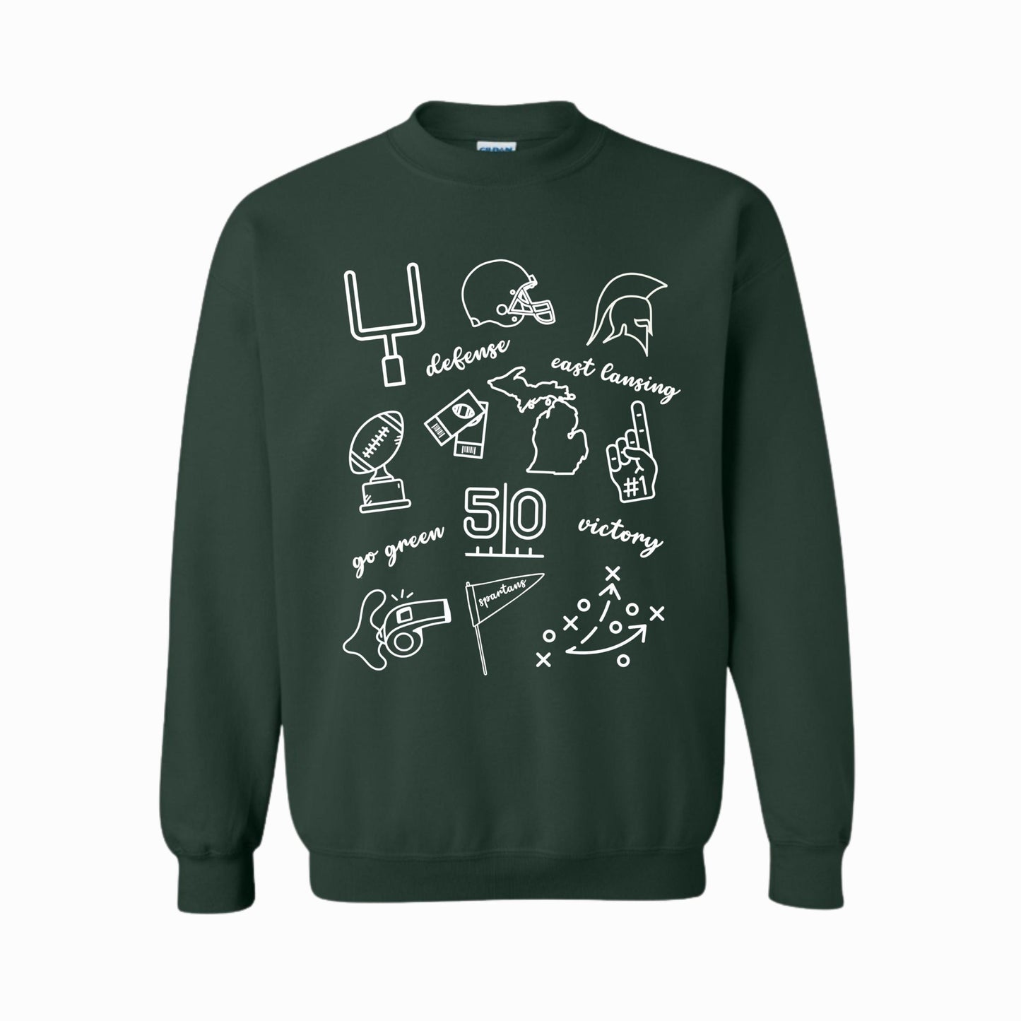 Go Green Doodle Sweatshirt | East Lansing Football Fan Crewneck | Victory & Game Day Design | Cozy College Tailgate Outfit