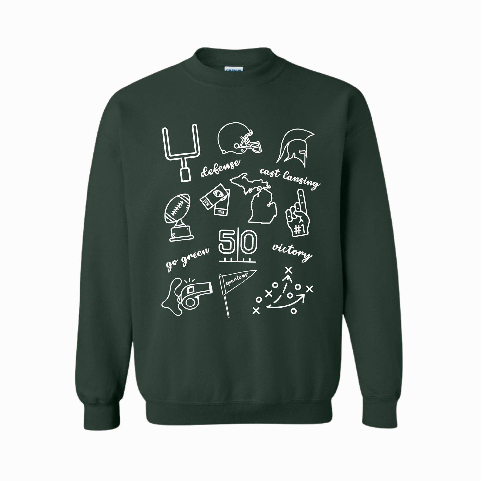 Go Green Doodle Sweatshirt | East Lansing Football Fan Crewneck | Victory & Game Day Design | Cozy College Tailgate Outfit