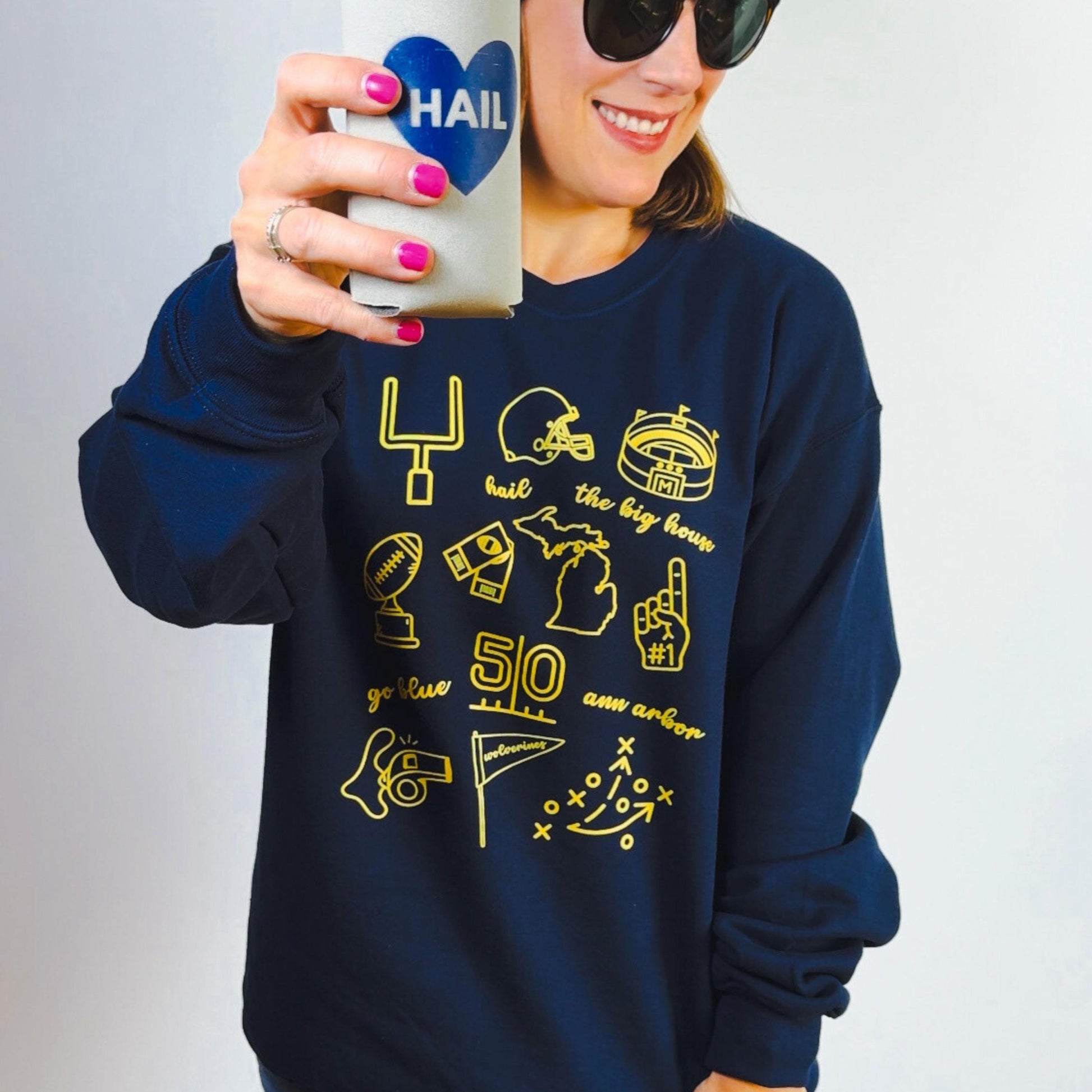 Michigan Doodle Sweatshirt | Go Blue, Hail, Ann Arbor, Big House Design | College Football Crewneck | Maize and Blue Game Day Fan Outfit