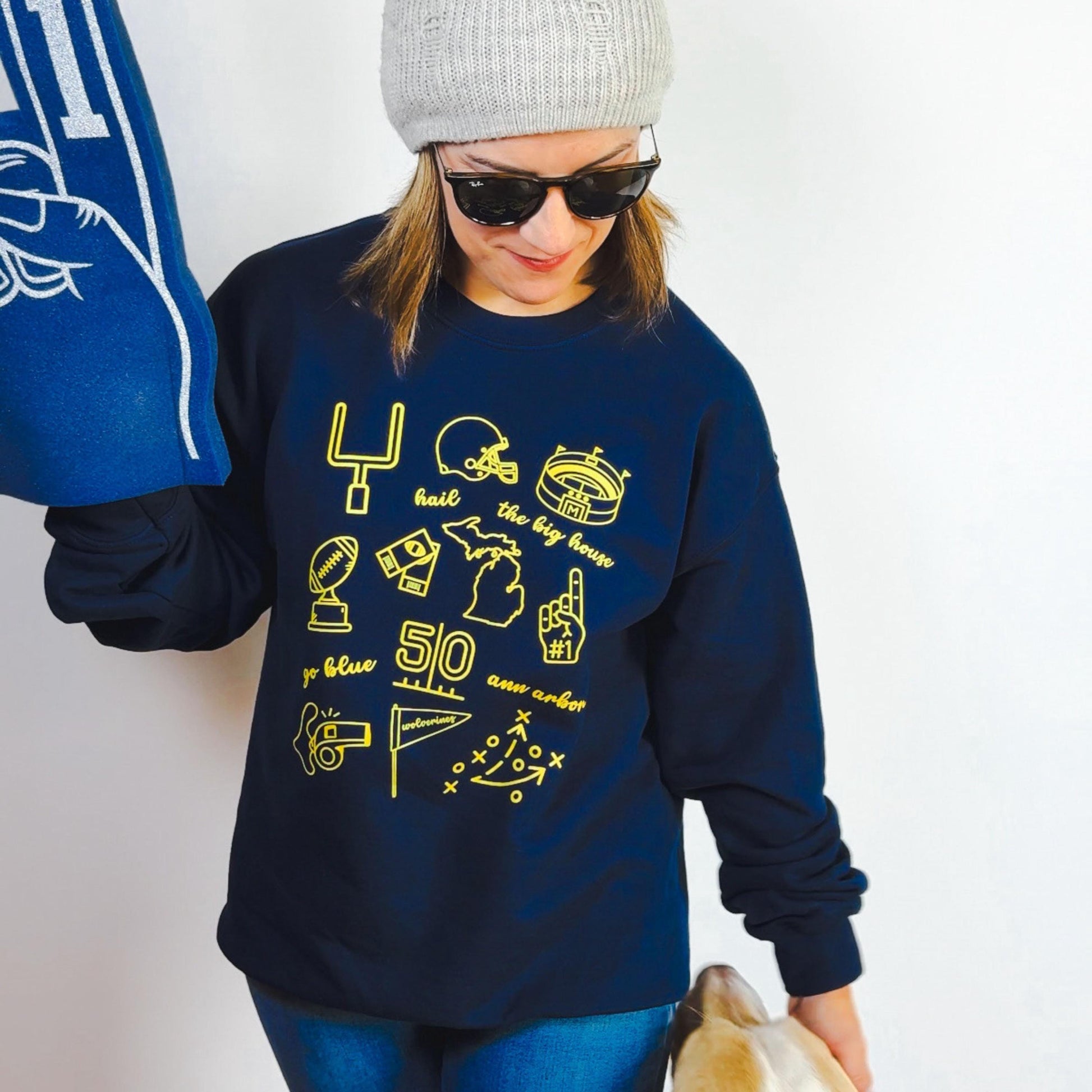 Michigan Doodle Sweatshirt | Go Blue, Hail, Ann Arbor, Big House Design | College Football Crewneck | Maize and Blue Game Day Fan Outfit