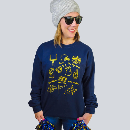 Michigan Doodle Sweatshirt | Go Blue, Hail, Ann Arbor, Big House Design | College Football Crewneck | Maize and Blue Game Day Fan Outfit