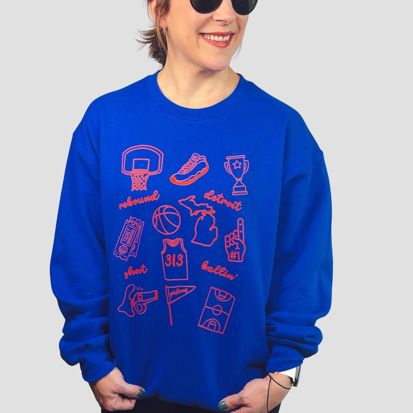 Detroit Basketball Doodle Sweatshirt | Blue Fleece Crewneck | Game Day Pullover for Fans