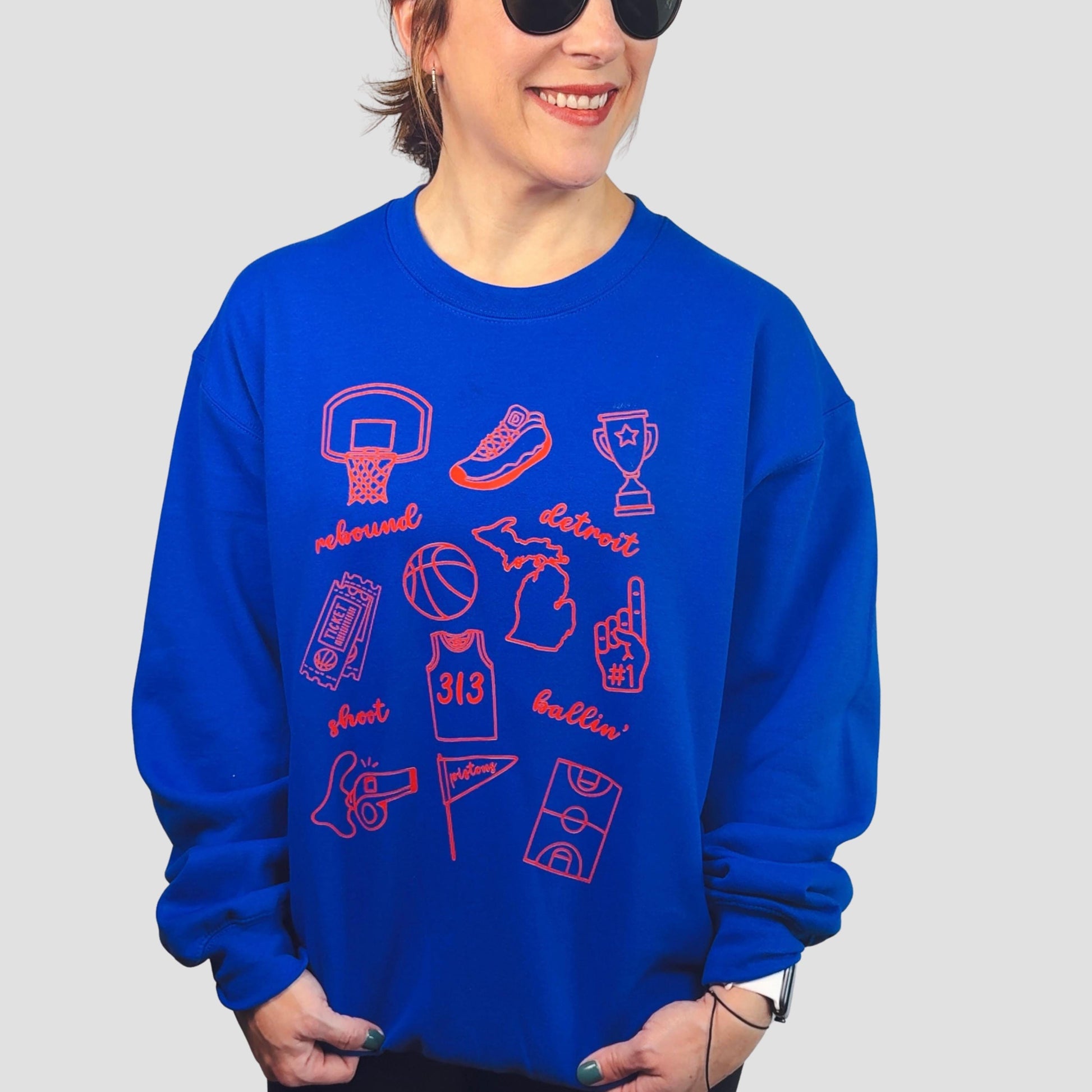 Detroit Basketball Doodle Sweatshirt | Blue Fleece Crewneck | Game Day Pullover for Fans