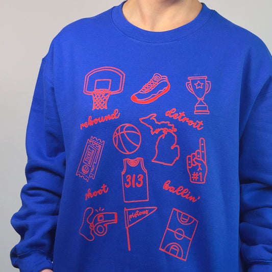 Detroit Basketball Doodle Sweatshirt | Blue Fleece Crewneck | Game Day Pullover for Fans