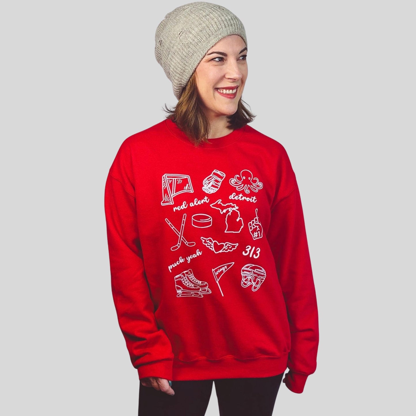 Detroit Hockey Doodle Sweatshirt | Red Fleece Crewneck | Game Day Pullover for Fans