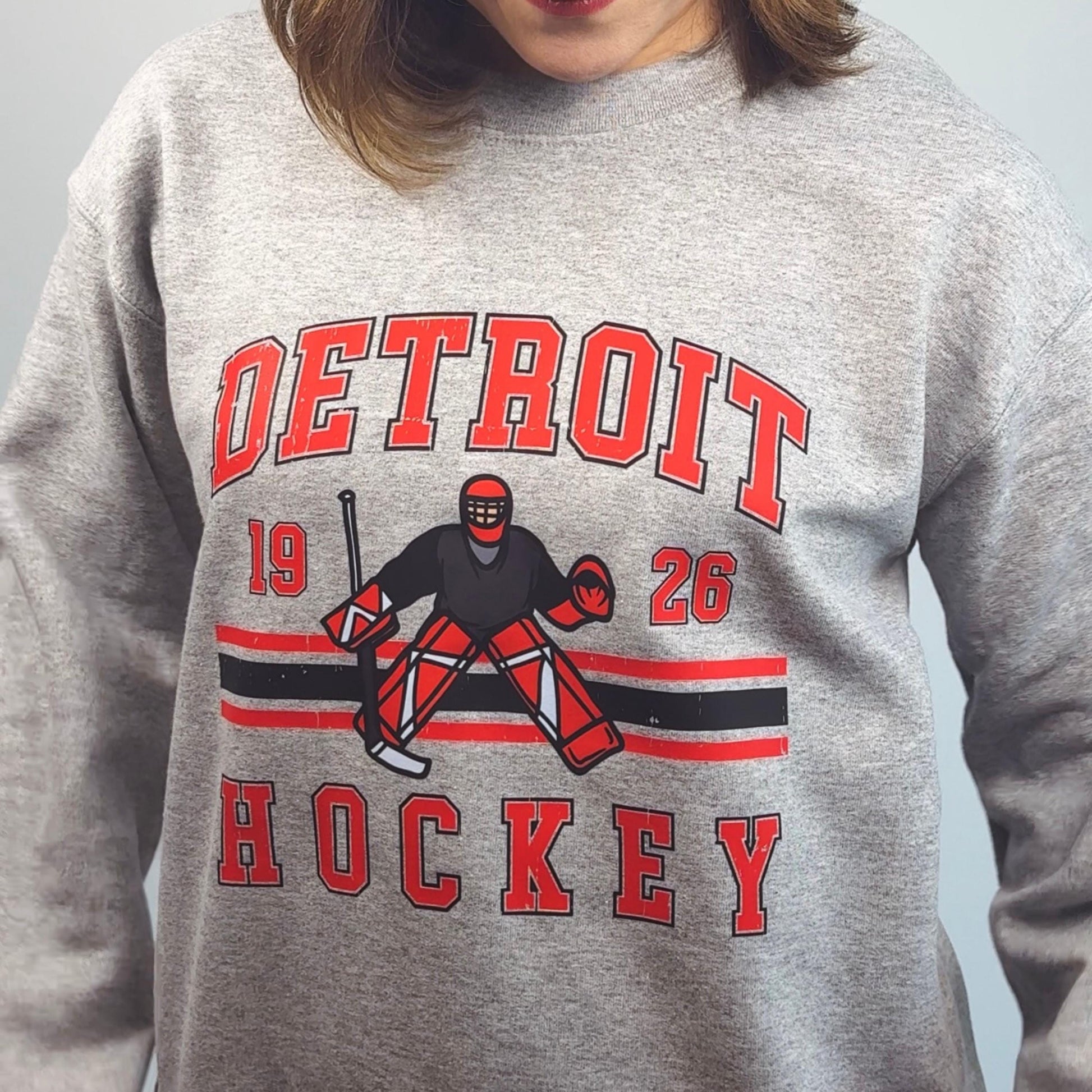 Vintage Detroit Hockey Sweatshirt | Grey Fleece Crewneck | EST 1926 Retro Game Day Pullover