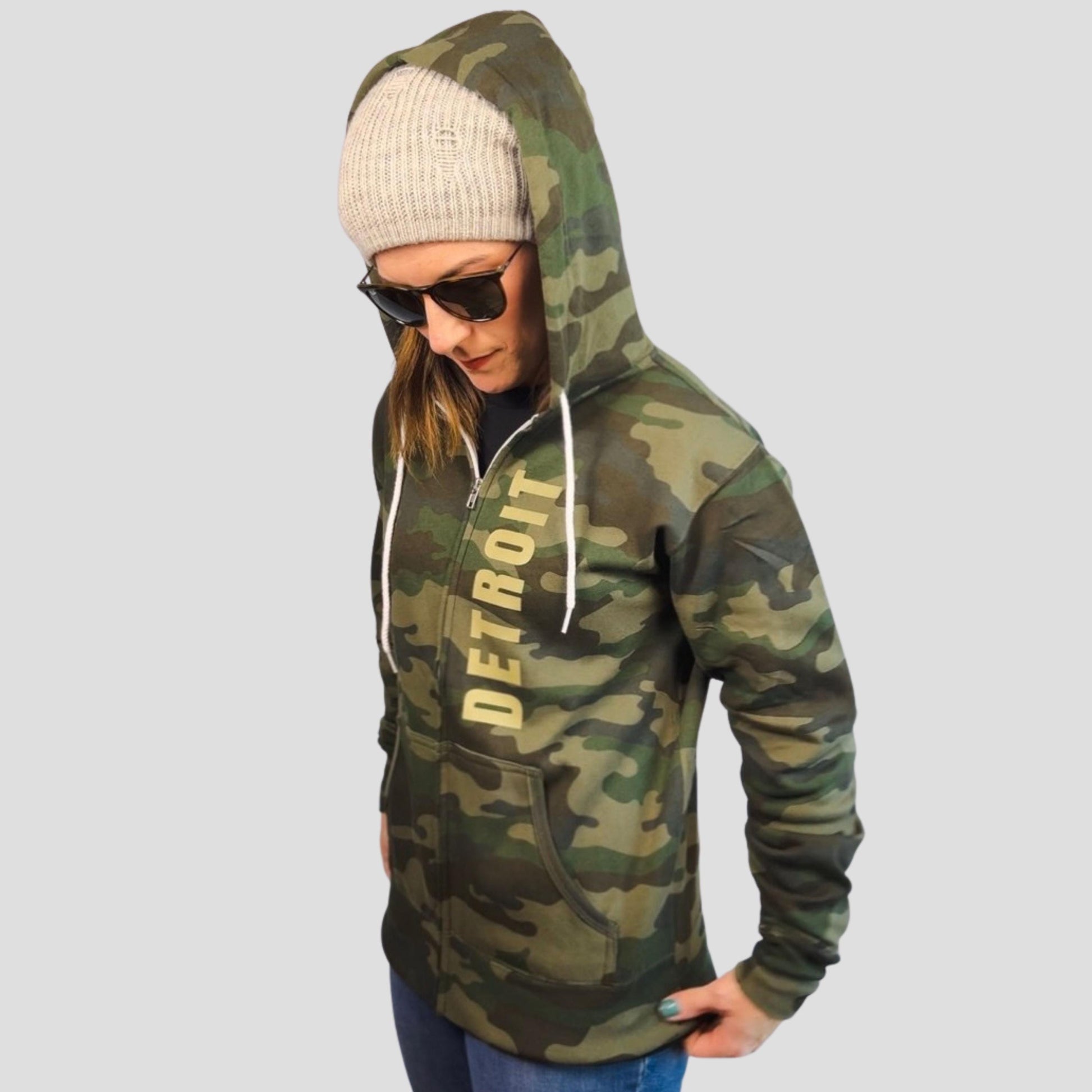 Detroit Camo Zip Hoodie | Full Zip Sweatshirt | Unisex Streetwear Game Day Layer