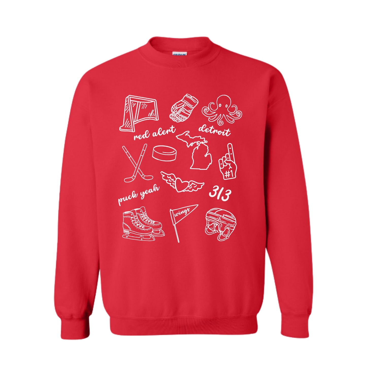 Detroit Hockey Doodle Sweatshirt | Red Fleece Crewneck | Game Day Pullover for Fans