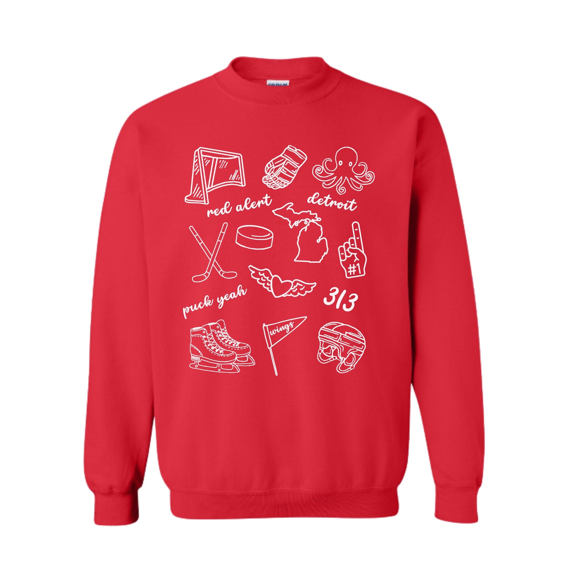 Detroit Hockey Doodle Sweatshirt | Red Fleece Crewneck | Game Day Pullover for Fans