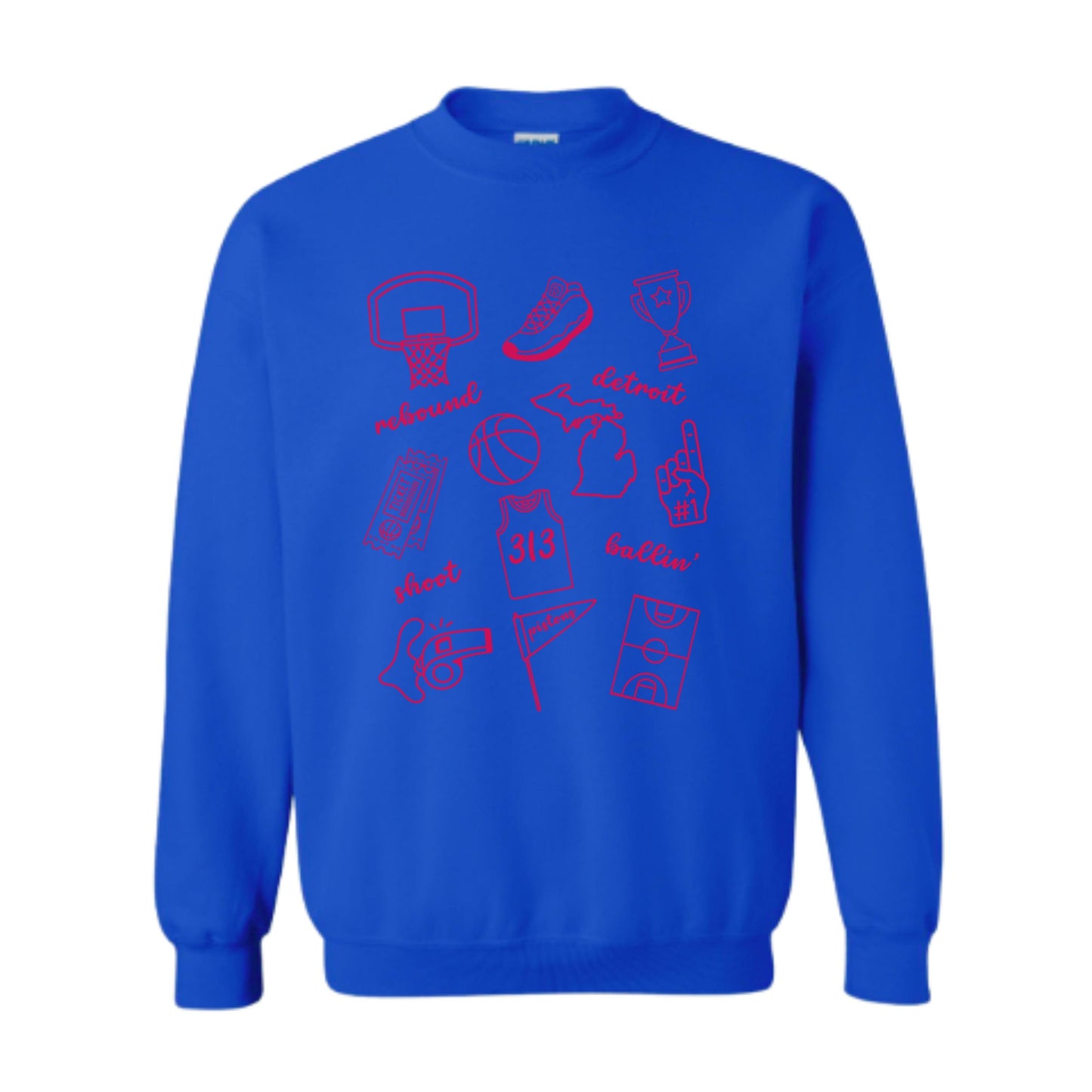 Detroit Basketball Doodle Sweatshirt | Blue Fleece Crewneck | Game Day Pullover for Fans