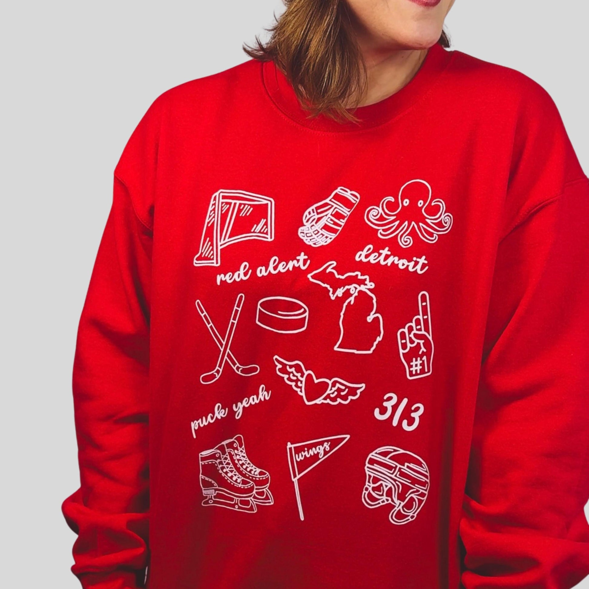 Detroit Hockey Doodle Sweatshirt | Red Fleece Crewneck | Game Day Pullover for Fans